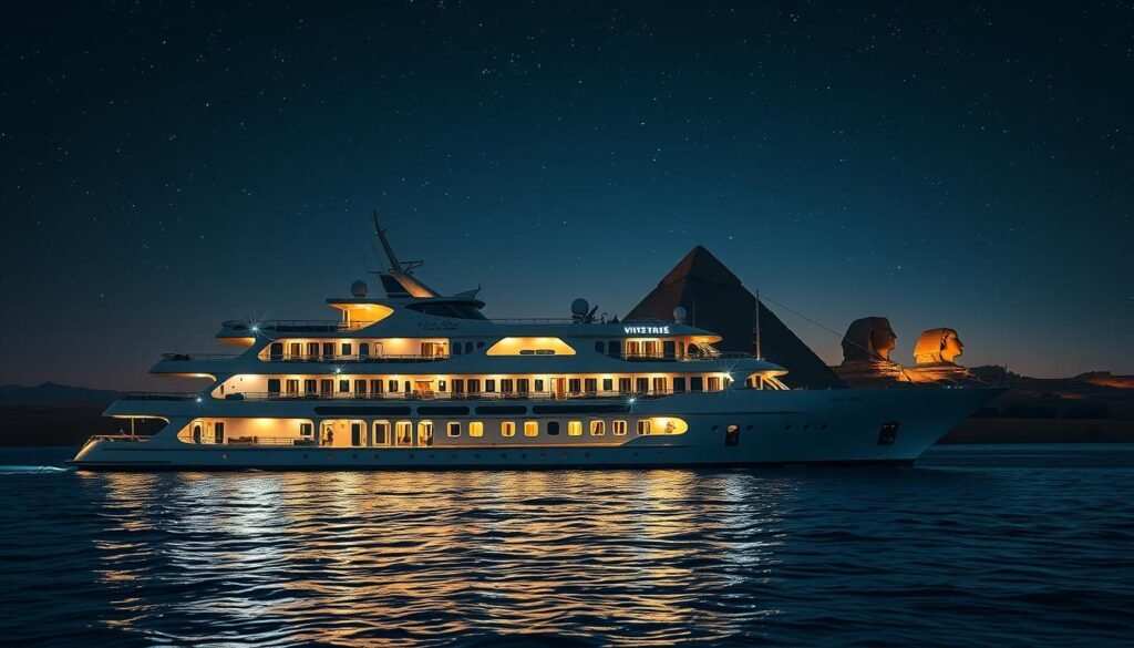 Ultra-luxury Nile cruise ship illuminated at night with the Great Pyramids and Sphinx visible in the background under starry skies Ultra-luxury Nile cruise ship illuminated at night with the Great Pyramids and Sphinx visible in the background under starry skies