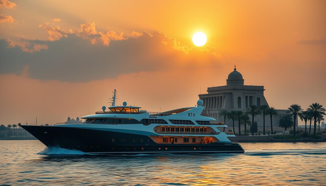 Ultra-luxury Nile cruise ship sailing past ancient Egyptian temples at sunset with palm trees lining the shore