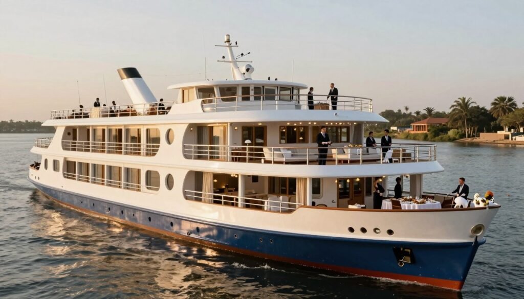 Ultra-luxury Nile cruise ship with opulent interiors, suite accommodations, and exclusive experiences