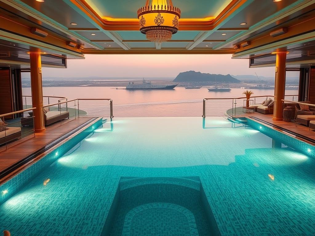 Ultra-luxury Oberoi Zahra Nile cruise ship with infinity pool and elegant sundeck overlooking the Nile River Ultra-luxury Oberoi Zahra Nile cruise ship with infinity pool and elegant sundeck overlooking the Nile River