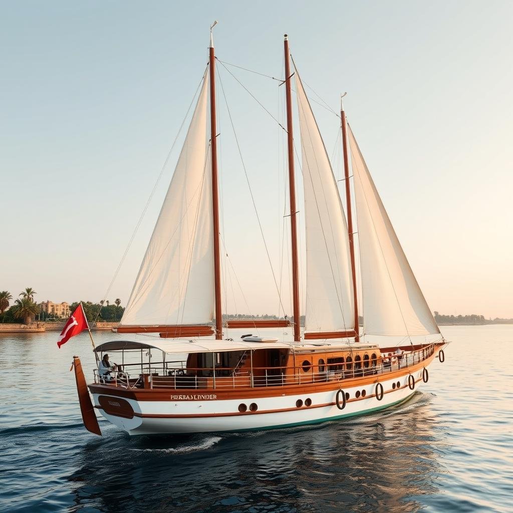 Ultra-luxury dahabiya sailing boat on the Nile with white sails and elegant wooden deck