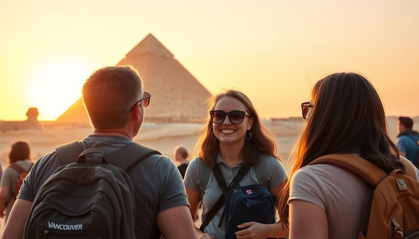 Vancouver travelers exploring the Great Pyramids of Giza at sunset with Canadian flags for Egypt Tours from Vancouver 2026/2027