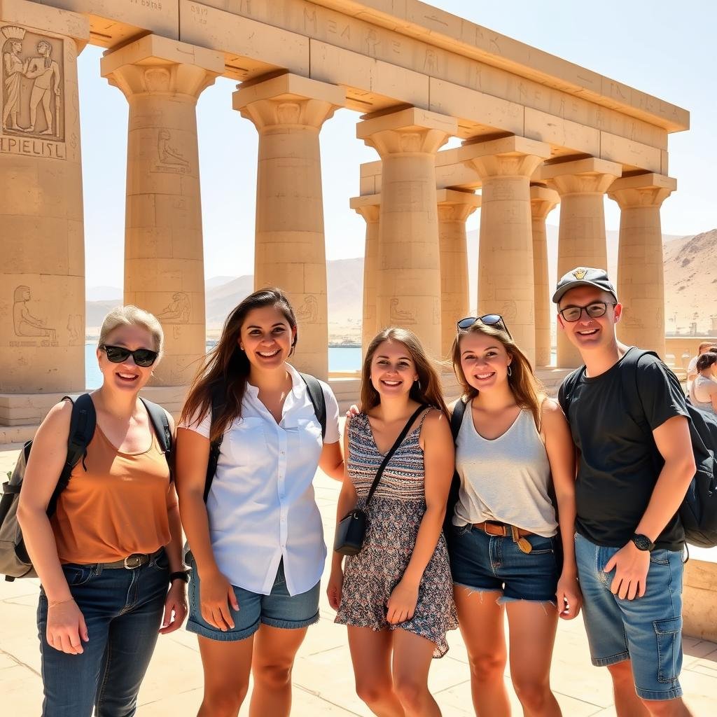 Young Australian friends from Melbourne at Philae Temple in Aswan - inspiration for 2026/2027 trips