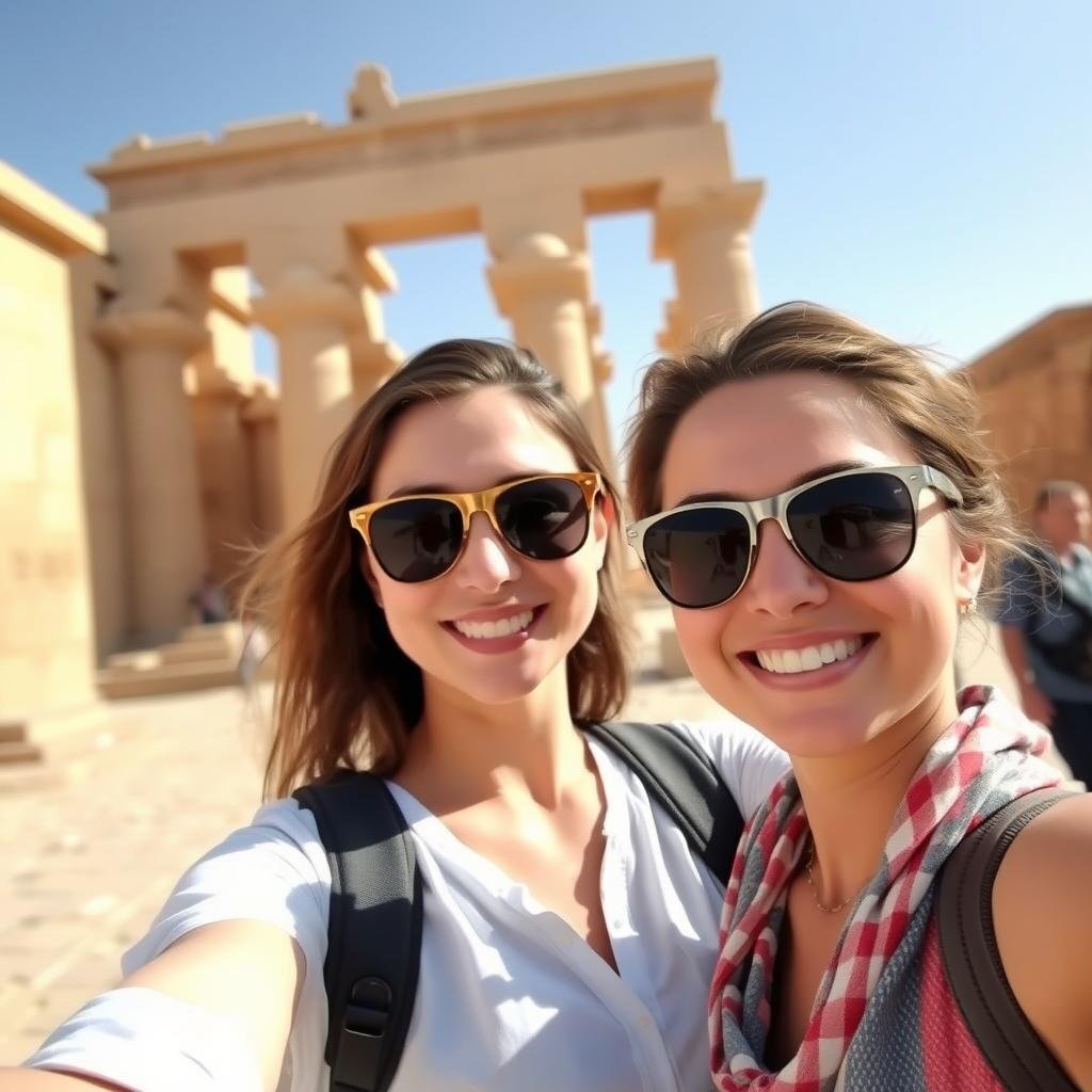 Young female solo traveler taking a selfie with Egyptian temple in background